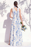 One Shoulder Green Floral A Line Bridesmaid Dress with Slit