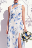 One Shoulder Green Floral A Line Bridesmaid Dress with Slit