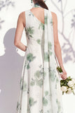 One Shoulder Green Floral A Line Bridesmaid Dress with Slit