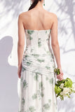 Strapless Blue Floral A Line Bridesmaid Dress with Slit