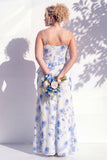 Blue Floral Ruffled A Line Cowl Neck Bridesmaid Dress