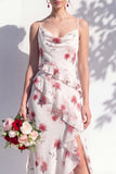Blue Floral Ruffled A Line Cowl Neck Bridesmaid Dress