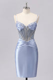 Grey Blue Satin Bodycon Sheer Corset Homecoming Dress with Beading