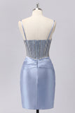 Grey Blue Satin Bodycon Sheer Corset Homecoming Dress with Beading