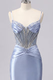 Grey Blue Satin Bodycon Sheer Corset Homecoming Dress with Beading