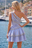Grey Blue Satin A-Line One Shoulder Ruched Homecoming Dress with Beading