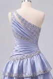 Grey Blue Satin A-Line One Shoulder Ruched Homecoming Dress with Beading