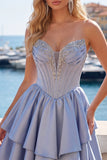 Satin A-Line Grey Blue Sweetheart Corset Ruched Cute Homecoming Dress with Beading