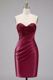 Satin Burgundy Sweetheart Ruched Bodycon Mini Homecoming Dress with Sequins