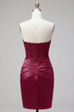 Satin Burgundy Sweetheart Ruched Bodycon Mini Homecoming Dress with Sequins