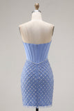 Satin Strapless Blue Corset Bodycon Beaded Homecoming Dress with Slit