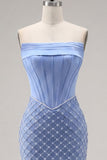 Satin Strapless Blue Corset Bodycon Beaded Homecoming Dress with Slit