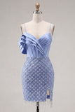 Satin Blue Corset Bodycon Ruched Beaded Homecoming Dress with Slit