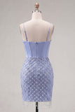 Satin Blue Corset Bodycon Ruched Beaded Homecoming Dress with Slit