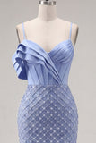 Satin Blue Corset Bodycon Ruched Beaded Homecoming Dress with Slit