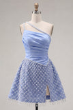 Blue One Shoulder Satin A-Line Ruched Beaded Homecoming Dress with Slit