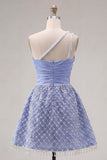 Blue One Shoulder Satin A-Line Ruched Beaded Homecoming Dress with Slit