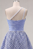 Blue One Shoulder Satin A-Line Ruched Beaded Homecoming Dress with Slit