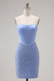 Blue Strapless Satin Bodycon Corset Beaded Homecoming Dress