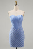 Blue Strapless Satin Bodycon Corset Beaded Homecoming Dress