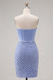 Blue Strapless Satin Bodycon Corset Beaded Homecoming Dress
