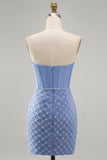 Blue Strapless Satin Bodycon Corset Beaded Homecoming Dress