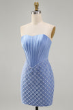 Blue Strapless Satin Bodycon Corset Beaded Homecoming Dress
