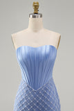 Blue Strapless Satin Bodycon Corset Beaded Homecoming Dress