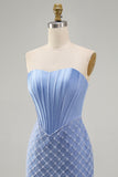 Blue Strapless Satin Bodycon Corset Beaded Homecoming Dress