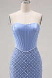 Blue Strapless Satin Bodycon Corset Beaded Homecoming Dress