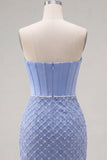 Blue Strapless Satin Bodycon Corset Beaded Homecoming Dress