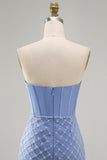 Blue Strapless Satin Bodycon Corset Beaded Homecoming Dress