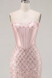 Sweetheart Blush Satin Bodycon Corset Sequins Homecoming Dress