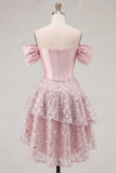 Off the Shoulder Blush Satin A-Line Corset Sequins Homecoming Dress with Bow