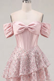 Off the Shoulder Blush Satin A-Line Corset Sequins Homecoming Dress with Bow