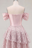 Off the Shoulder Blush Satin A-Line Corset Sequins Homecoming Dress with Bow