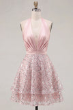 Blush Satin A-Line Halter Neck Ruched Sequins Homecoming Dress