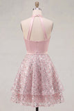 Blush Satin A-Line Halter Neck Ruched Sequins Homecoming Dress