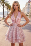 Blush Satin A-Line Halter Neck Ruched Sequins Homecoming Dress