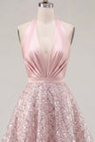 Blush Satin A-Line Halter Neck Ruched Sequins Homecoming Dress