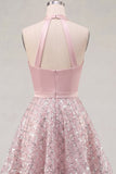 Blush Satin A-Line Halter Neck Ruched Sequins Homecoming Dress