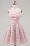 Blush Satin A-Line Strapless Ruched Sequins Cute Homecoming Dress
