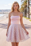 Blush Satin A-Line Strapless Ruched Sequins Cute Homecoming Dress