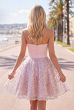 Blush Satin A-Line Strapless Ruched Sequins Cute Homecoming Dress
