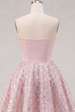 Blush Satin A-Line Strapless Ruched Sequins Cute Homecoming Dress
