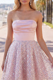 Blush Satin A-Line Strapless Ruched Sequins Cute Homecoming Dress