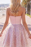 Blush Satin A-Line Strapless Ruched Sequins Cute Homecoming Dress