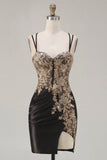 Black Satin Bodycon Ruched Sequins Homecoming Dress with Slit
