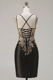 Black Satin Bodycon Ruched Sequins Homecoming Dress with Slit