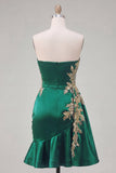Dark Green Satin Bodycon Sweetheart Ruched Sequins Homecoming Dress with Sash
